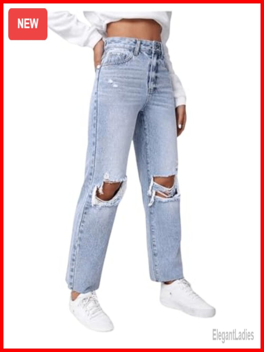 High Waist Ripped Distressed Cropped Straight Leg Jeans